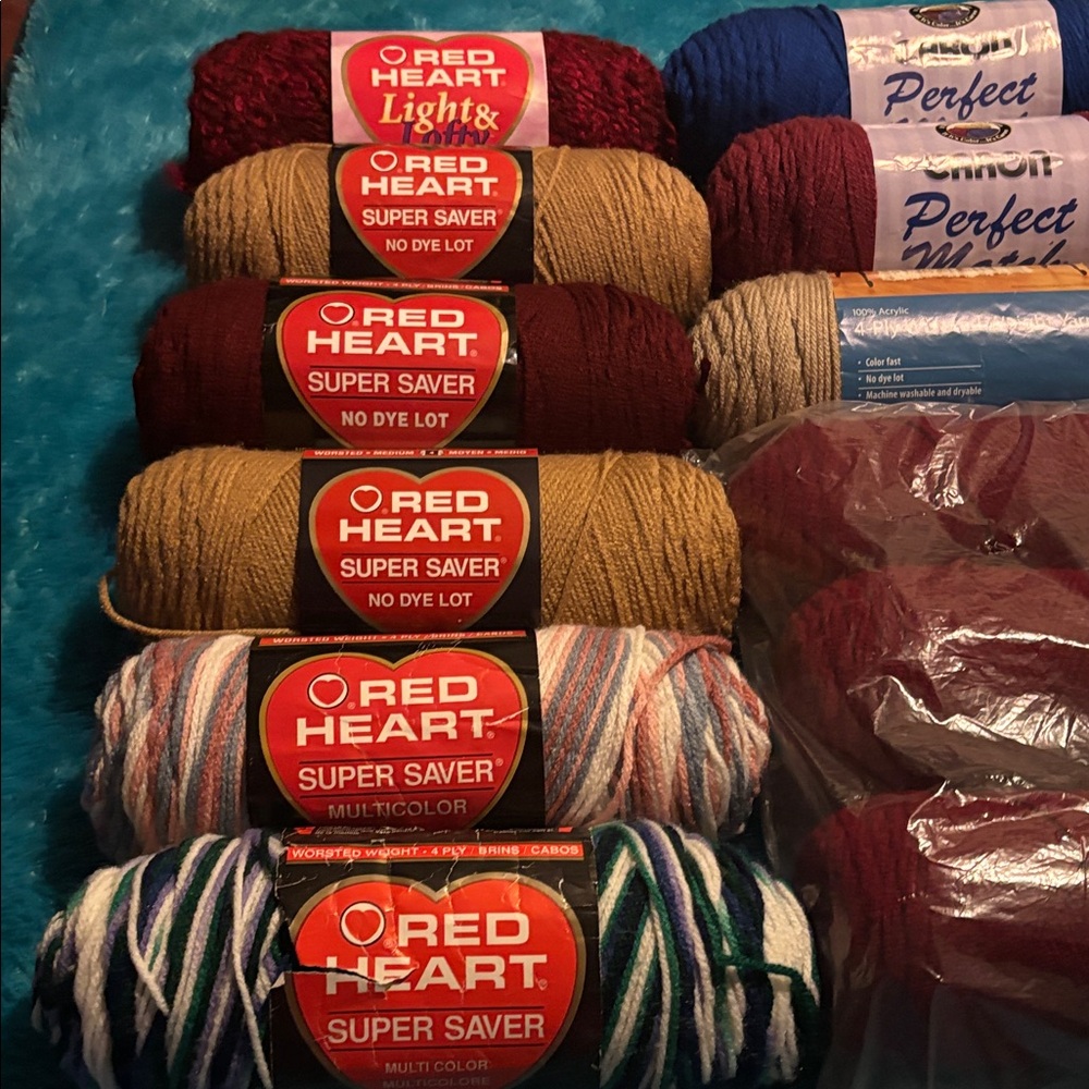Red Heart & Caron Yarn Bundle - Multicolor, Burgundy, Tan, Blue - Picture 2 of 5